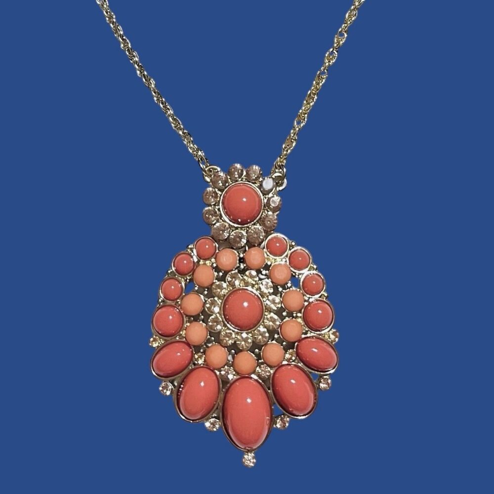 Crown Trifari Pendant Necklace Orange Cabochon Rhinestone Chunky Gold Tone 18 in